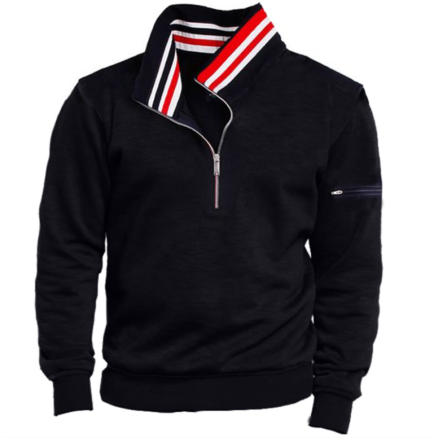 

Men's Retro Zip Pocket Patchwork Color 3/4 Zip Half Turtleneck Sweatshirt