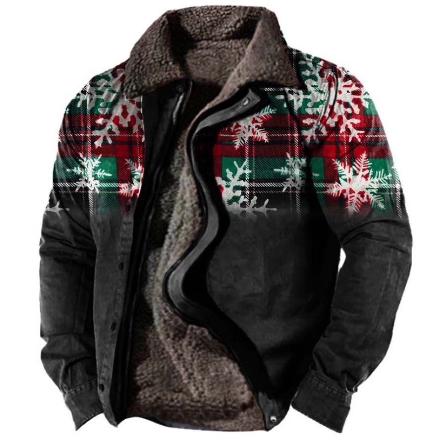 

Men's Plaid Snowflake Print Plus Fleece Warm Thick Jacket