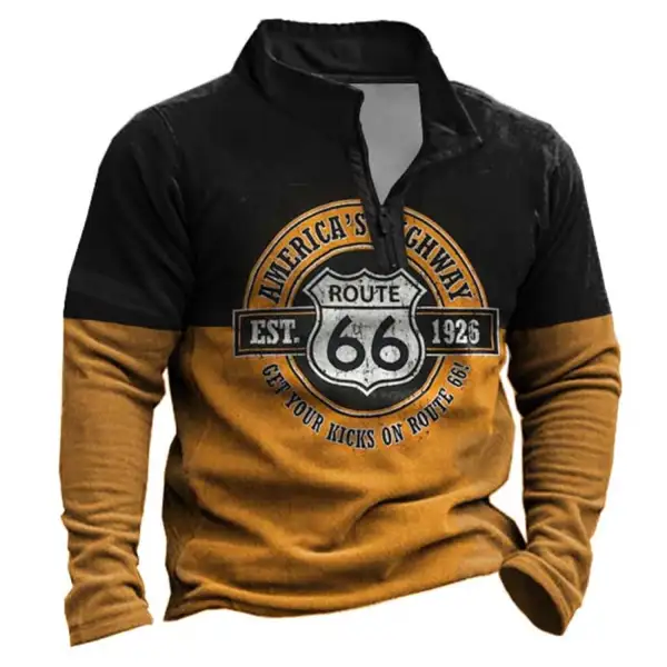 Men's Outdoor Route 66 Print Zipper Sweatshirt - Mosaicnew.com 