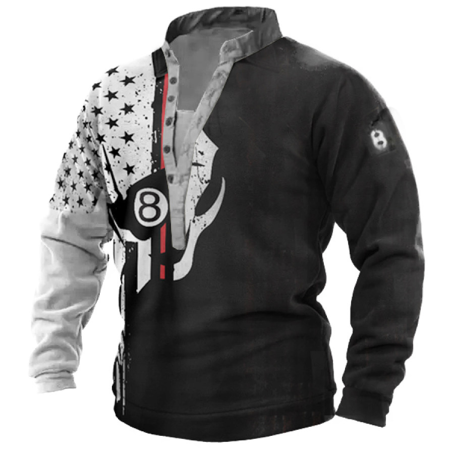 

Men Vintage American Flag Skull Tactical 8 Print Henley Sweatshirt