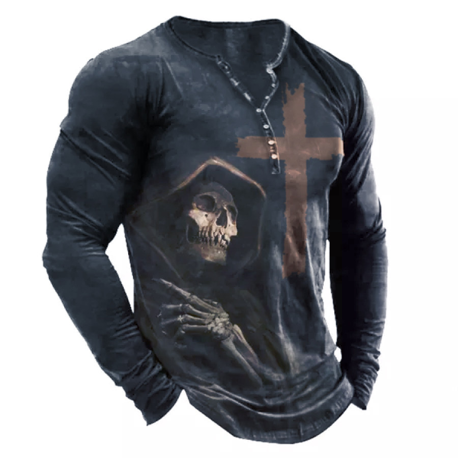 

Men's Jesus Cross Skull Print Henley Long Sleeve T-Shirt