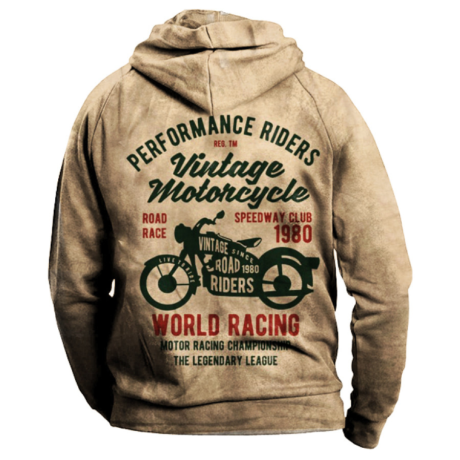 

Men's Vintage Motorcycle Print Pocket Zip Hoodie