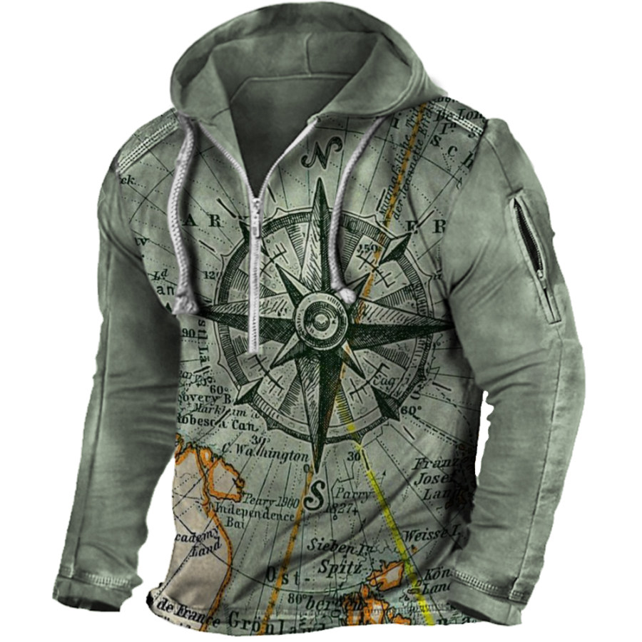 

Men's Vintage World Map Compass Print Zip Pocket Hoodie Sweatshirt