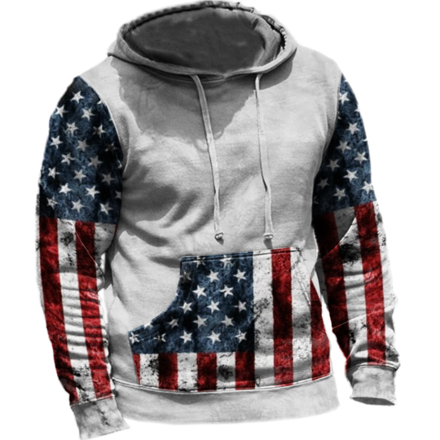 

Men's Vintage American Flag Print Hooded Pocket Sweatshirt