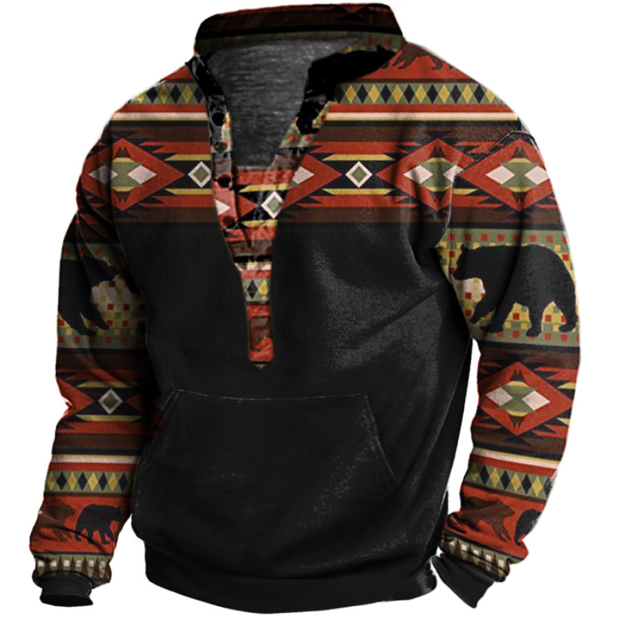 

Men's Ethnic Print Henley Collar Pocket Sweatshirt