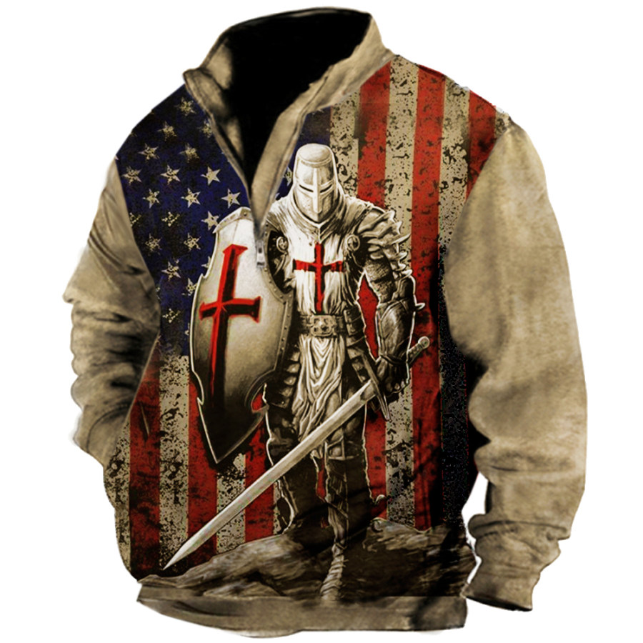 

Men's American Flag Templar Cross Vintage Print Zip Up Sweatshirt