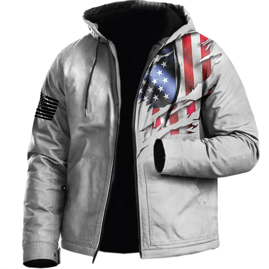 

Men's Vintage American Flag Print Hooded Pocket Coat Jacket