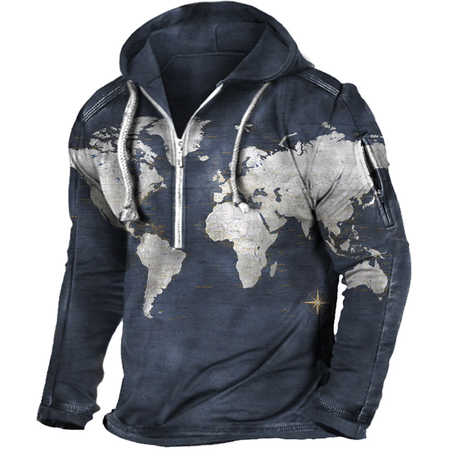 

Men's Vintage World Map Compass Print Zip Pocket Hoodie Sweatshirt
