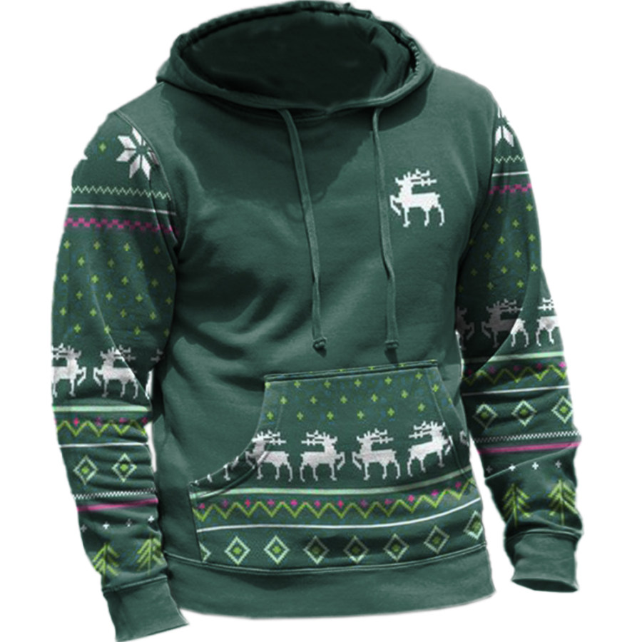 

Men's Christmas Elk Print Hooded Pocket Sweatshirt