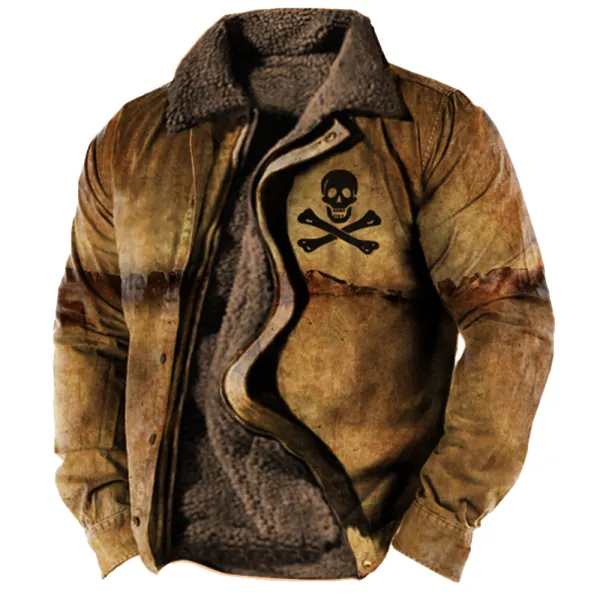 Pirate Skull Men's Vintage Print Warm Fleece Jacket - Mosaicnew.com 