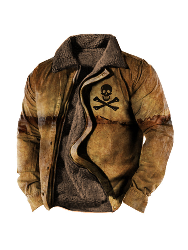 Pirate Skull Men's Vintage Print Warm Fleece Jacket