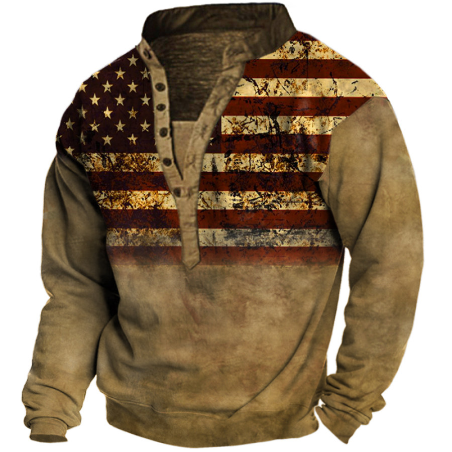 

Men's Vintage American Flag Print Henley Collar Sweatshirt