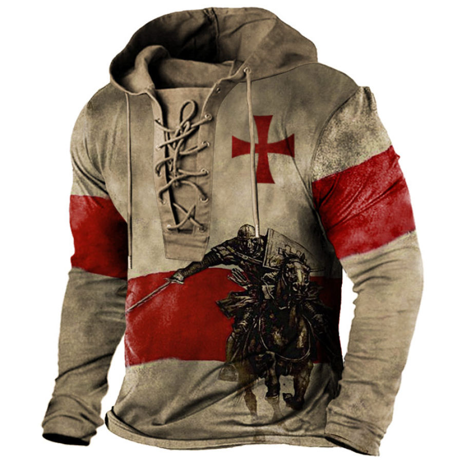 

Men's Vintage Templar Print Outdoor Lace-Up Hooded T-Shirt