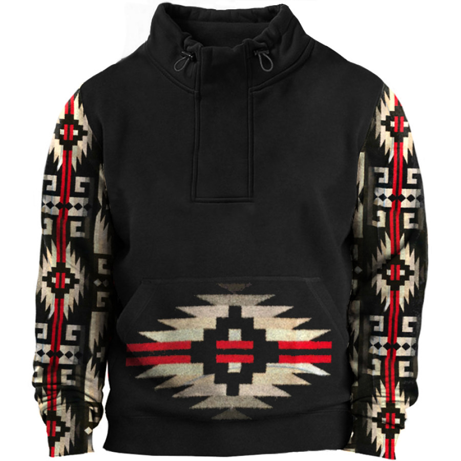 

Men's Pocket Ethnic Print Drawstring Half Turtleneck Sweatshirt