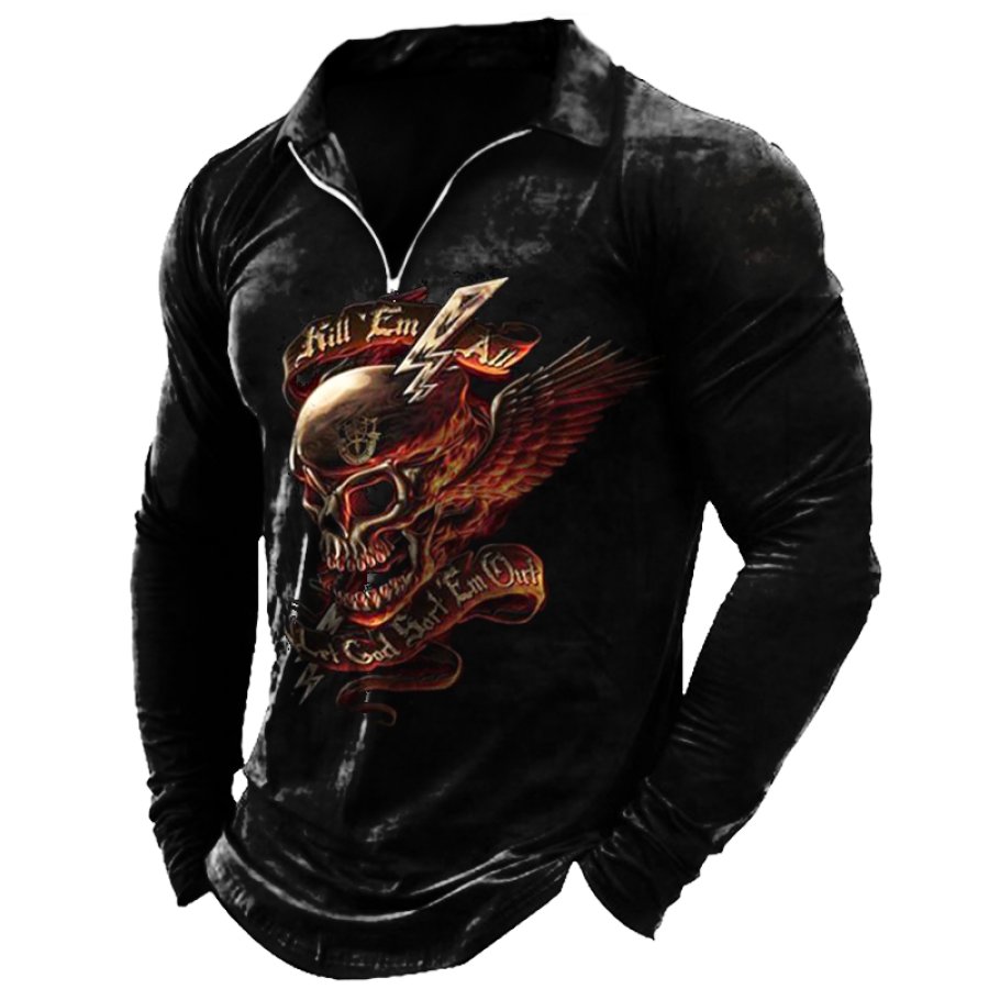 

Men's Vintage Skull Print Zip T-Shirt