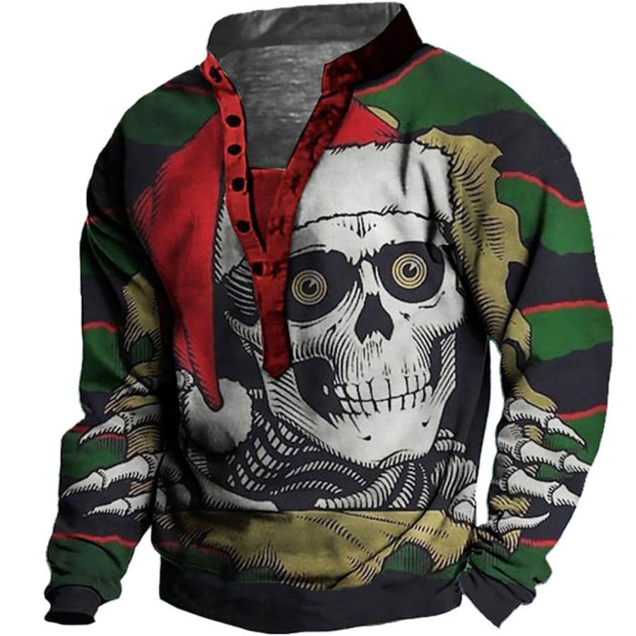 

Men's Christmas Skull Print Henley Sweatshirt