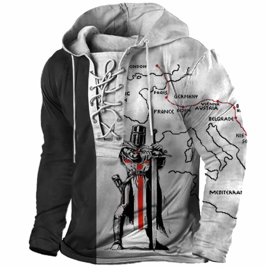 

Men's Outdoor Knights Templar Map Lace-Up Hooded T-Shirt