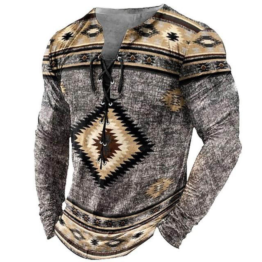 

Men's Vintage Ethnic Lace-Up Long Sleeve T-Shirt