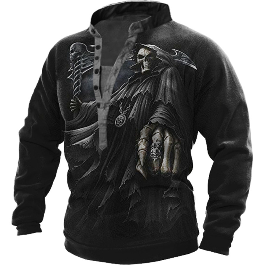 

Men's Vintage Skull Print Henley Collar Sweatshirt