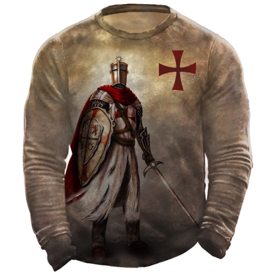 

Men's Templar Cross Vintage Print Henley Collar Sweatshirt