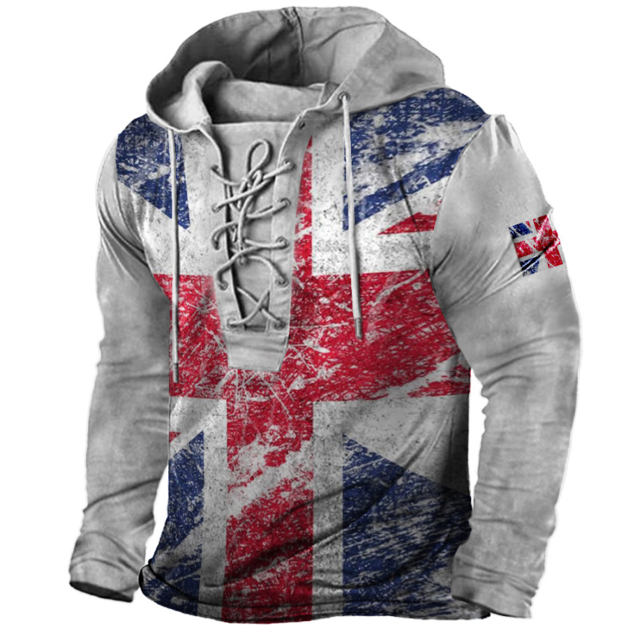 

Men's Vintage British Flag Print Lace-Up Hooded Long Sleeve T-Shirt