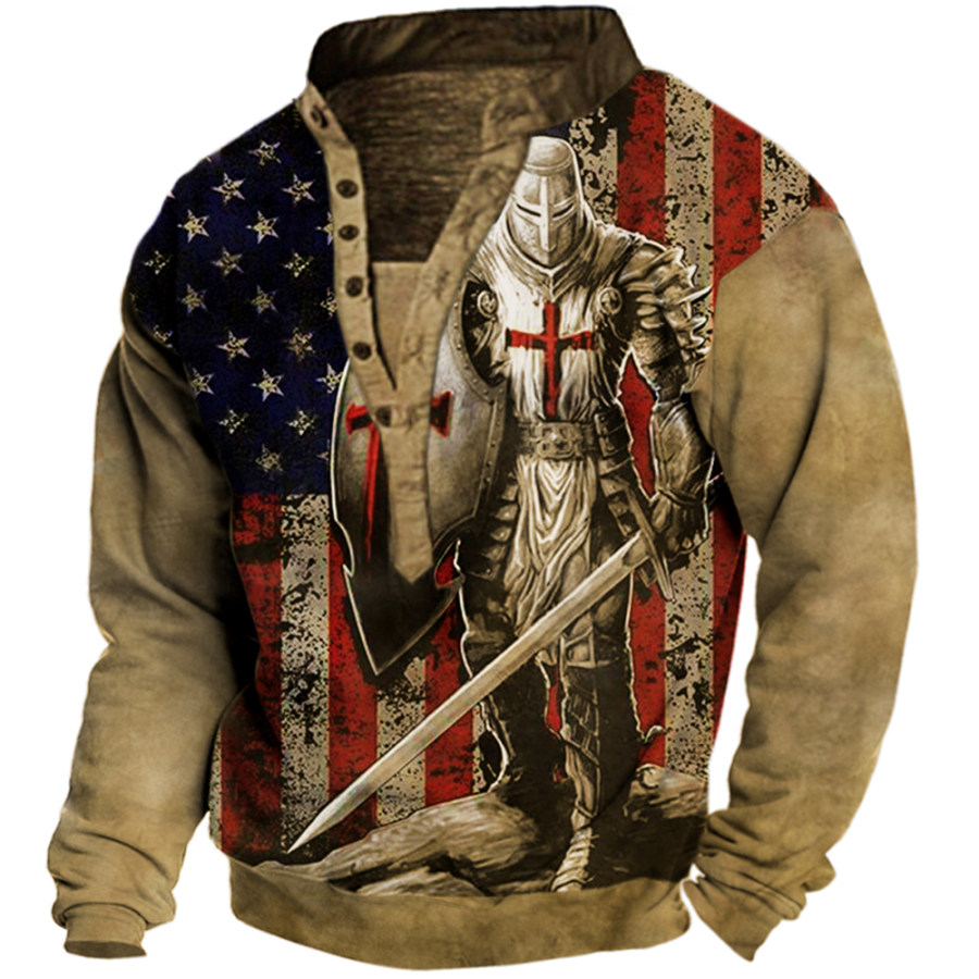 

Men's American Flag Templar Cross Vintage Print Henley Collar Sweatshirt