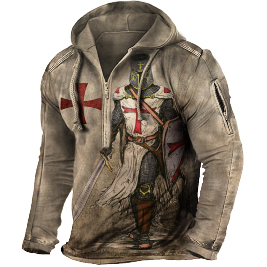 

Men's Vintage Templar Cross Zip Pocket Hoodie Sweatshirt