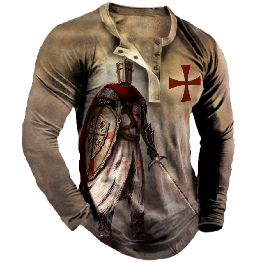 

Men's Templar Cross Vintage Print Henley Collar Long Sleeve T-Shirt