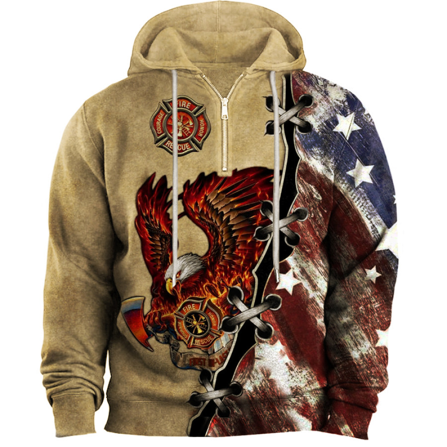 

Men's Retro Flying Eagle American Flag Mosaic Splicing Print Zip Quarter Neck Hoodie