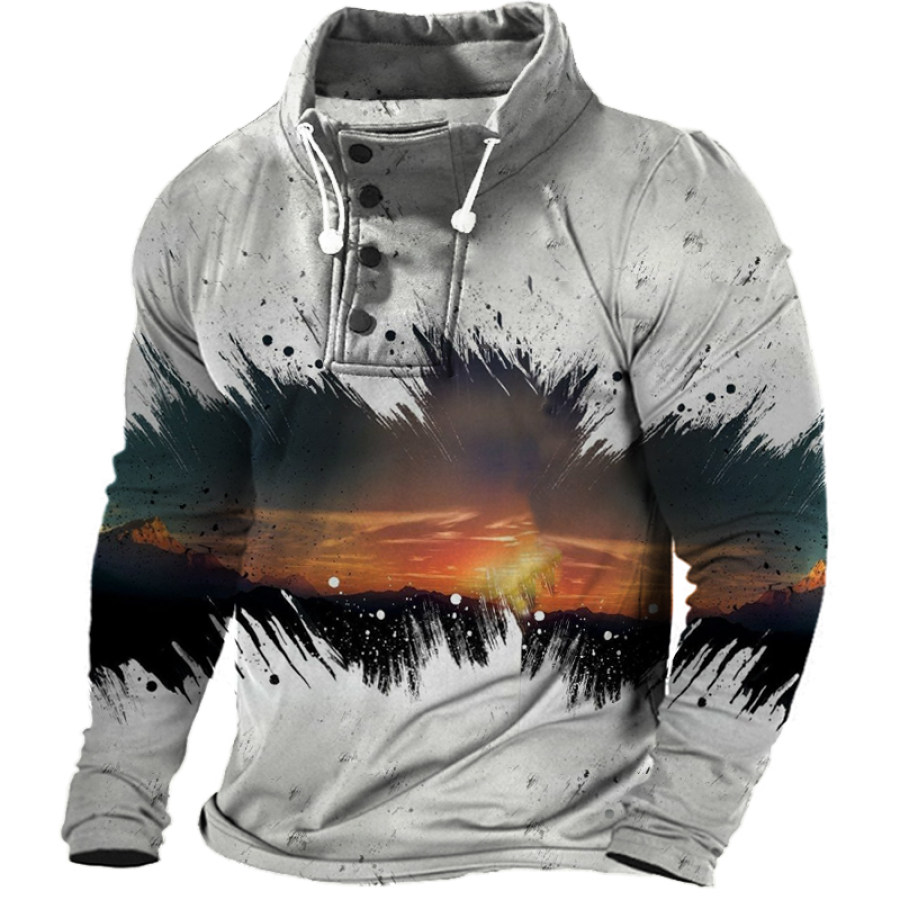 

Men's Vintage Sunrise Print Drawstring Button Turtleneck T-Shirt