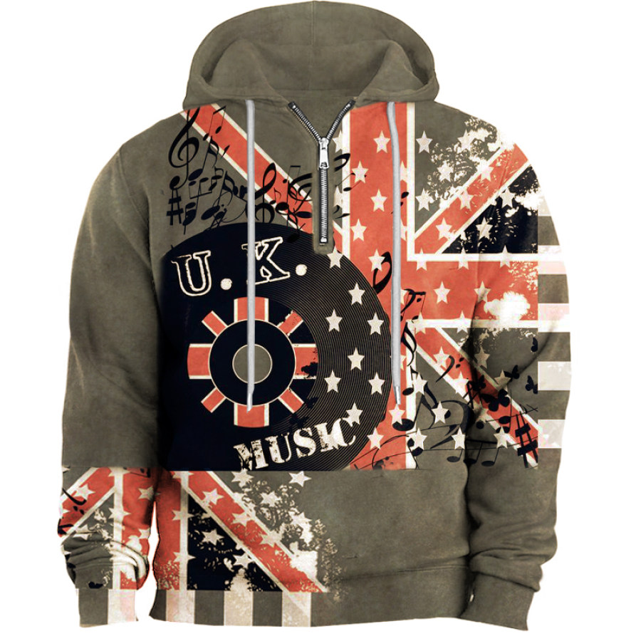 

Men's Vintage Flag Patchwork Rock Record Print Zip Quarter Neck Hoodie