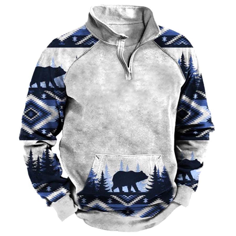 

Men's Ethnic Bear Print Zipper Sweatshirt
