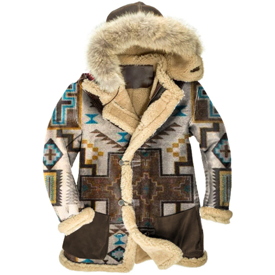 

Men's Winter Flannel Quilted Lined Ethnic Pattern Hooded Shirt Jacket