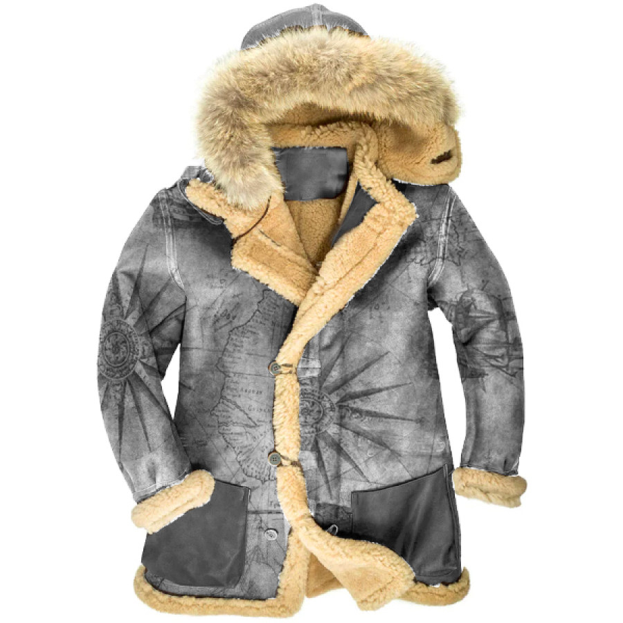 

Men's Winter Flannel Quilted Lined Compass Ocean Pattern Hooded Shirt Jacket