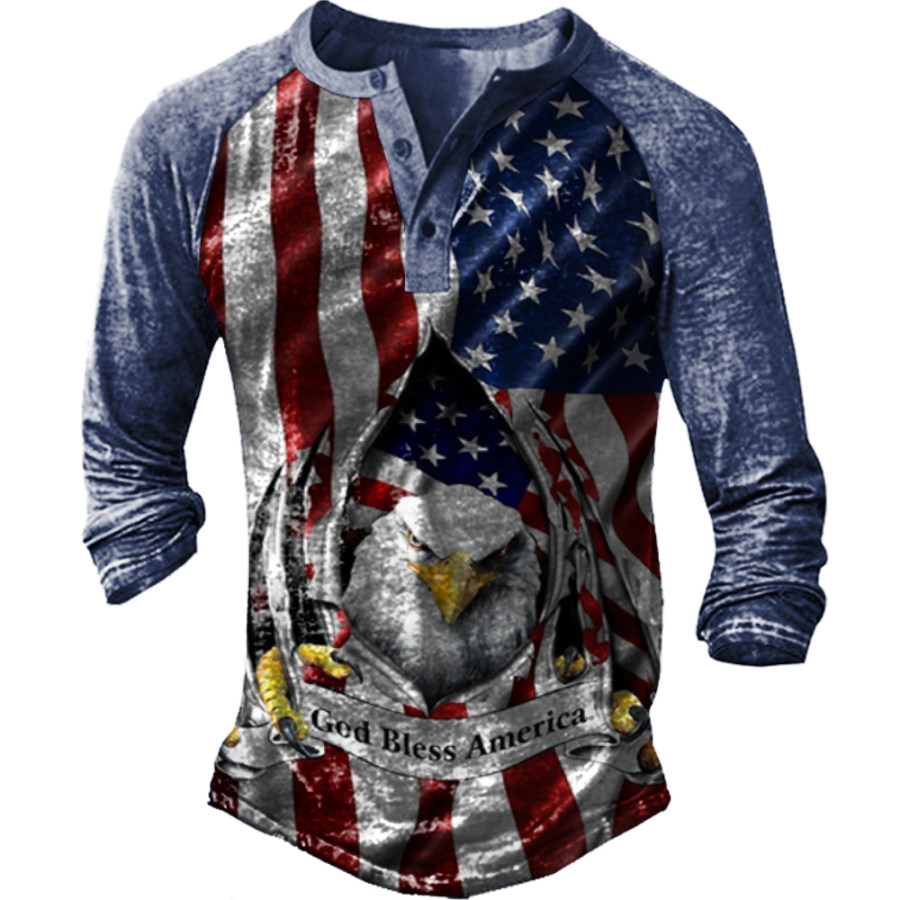 

Men's Vintage American Flag Eagle Print Henley Collar Long Sleeve Top