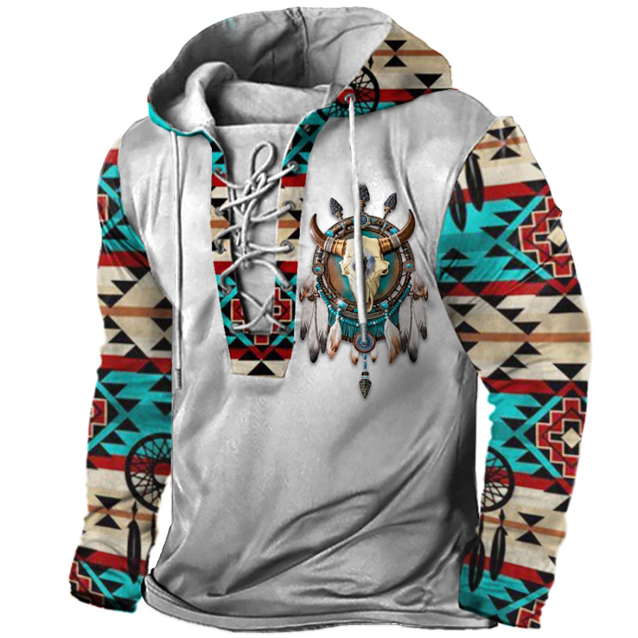 

Men's Vintage Ethnic Print Lace-Up Hooded Long Sleeve T-Shirt