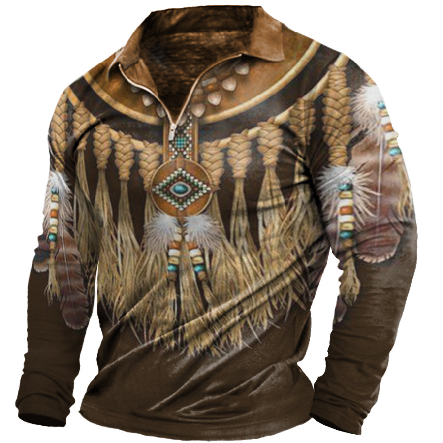

Men's Vintage Ethnic Indian Print Long Sleeve Zip Collar Top