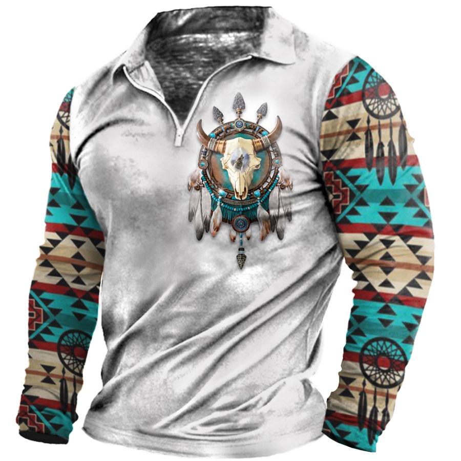 

Men's Vintage Ethnic Print Zip Neck Long Sleeve T-Shirt