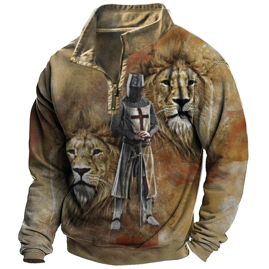 

Men's Vintage Temple Cross Lion Print Stand Collar Sweatshirt