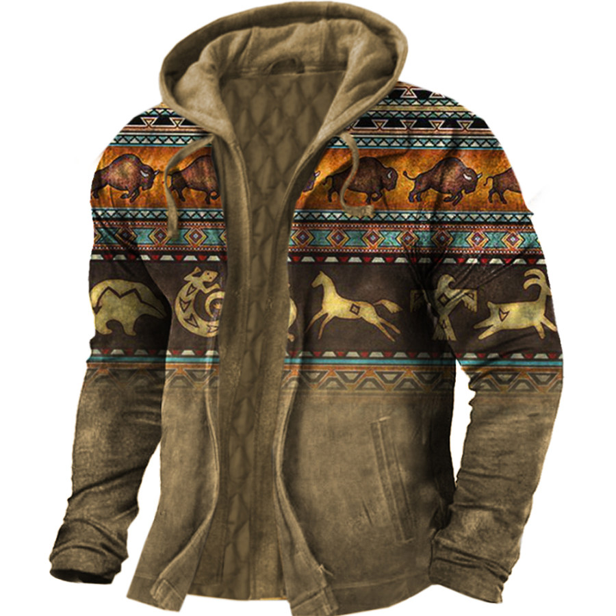 

Men's Outdoor Vintage Ethnic Print Hooded Coat Jacket