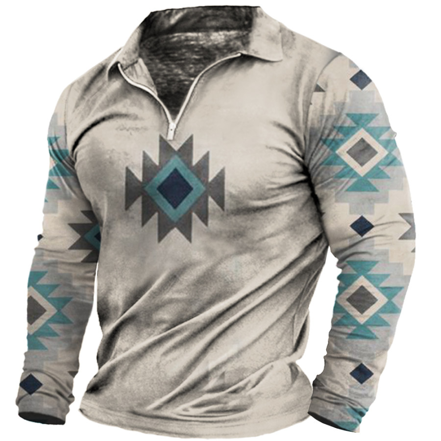

Men's Vintage Ethnic Print Zip Neck Long Sleeve T-Shirt