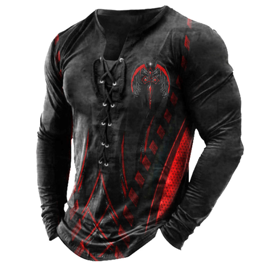 

Men's Vintage Outdoor Knights Cross Print Lace-Up T-Shirt