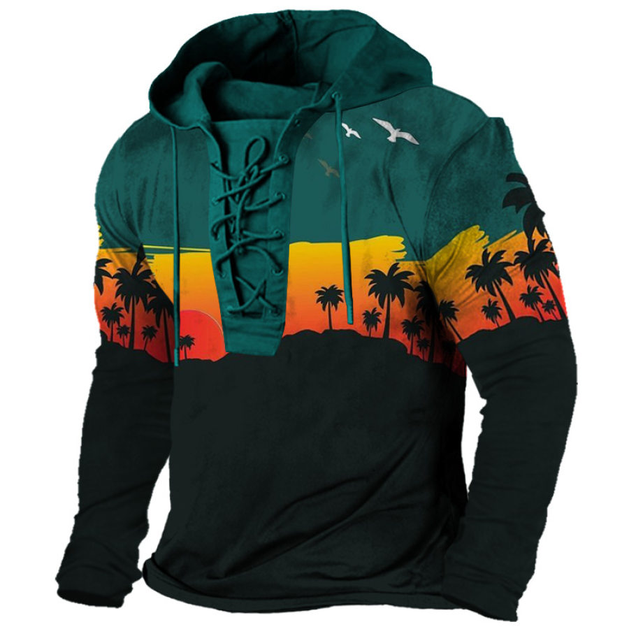 

Men's Vintage Resort Print Lace-Up Hooded T-Shirt
