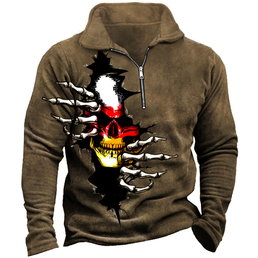 

Men's Vintage German Flag Skull Print Zip Turtleneck Sweatshirt
