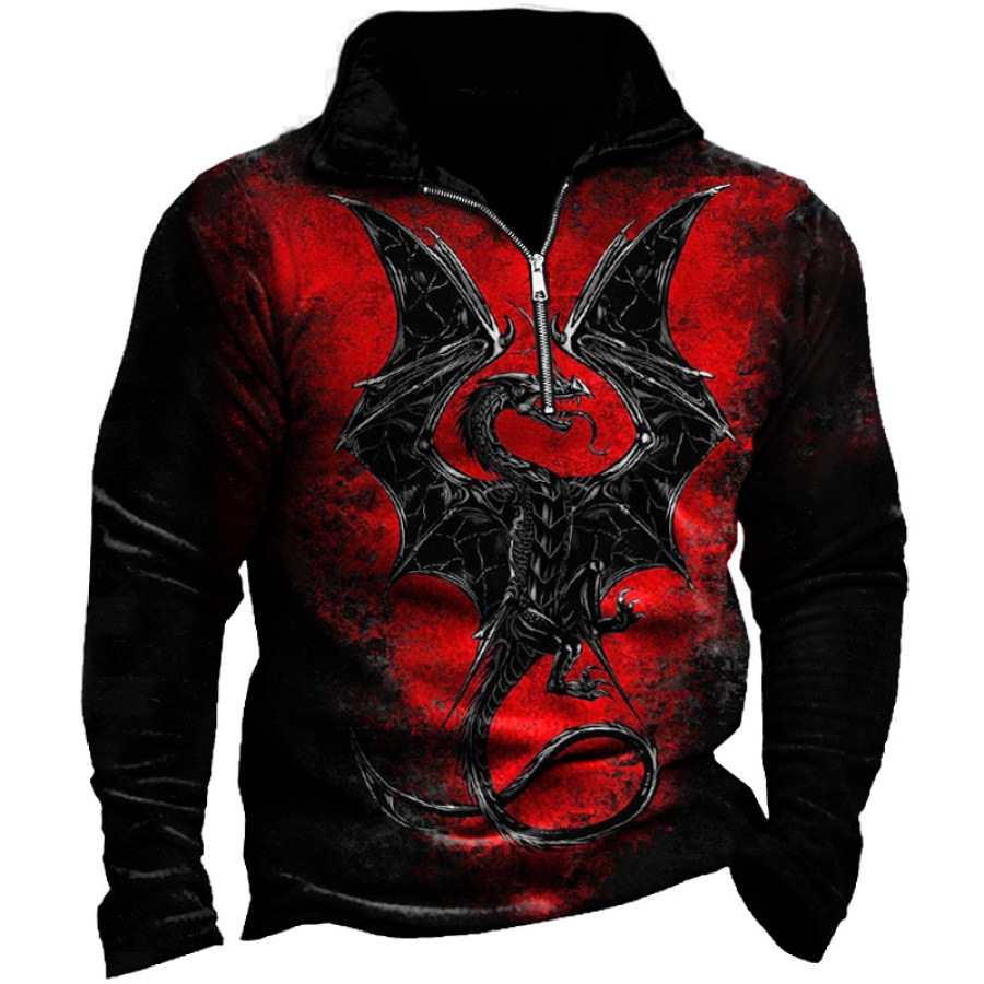 

Men's Vintage Flame Dinosaur Print Zip Turtleneck Sweatshirt