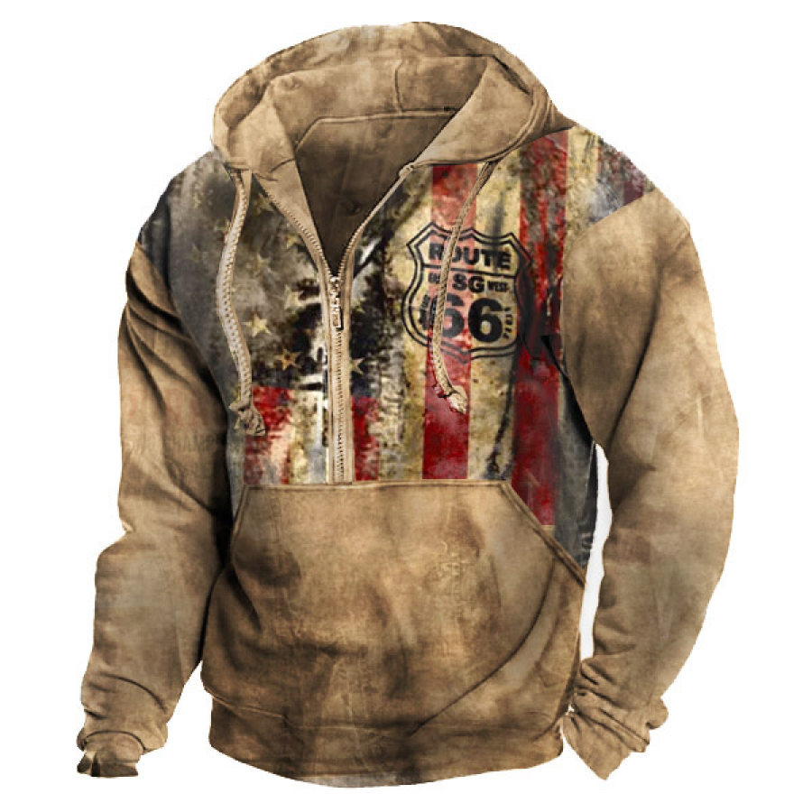 

Men's Route 66 US Flag Print 1/4 Zip Hoodie Sweatshirt