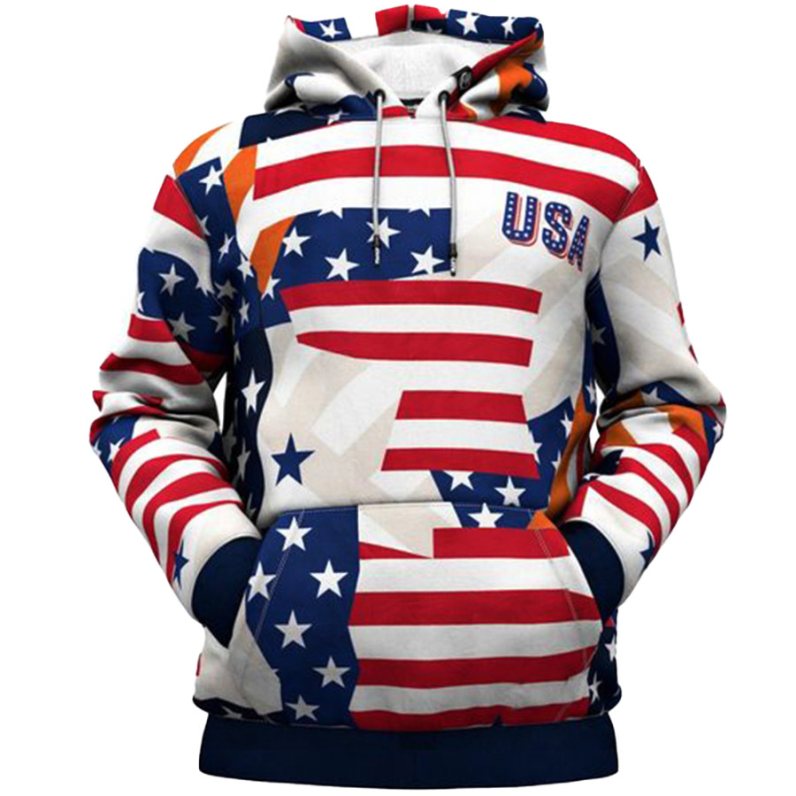 

Men's Vintage American Flag Print Pocket Hoodie