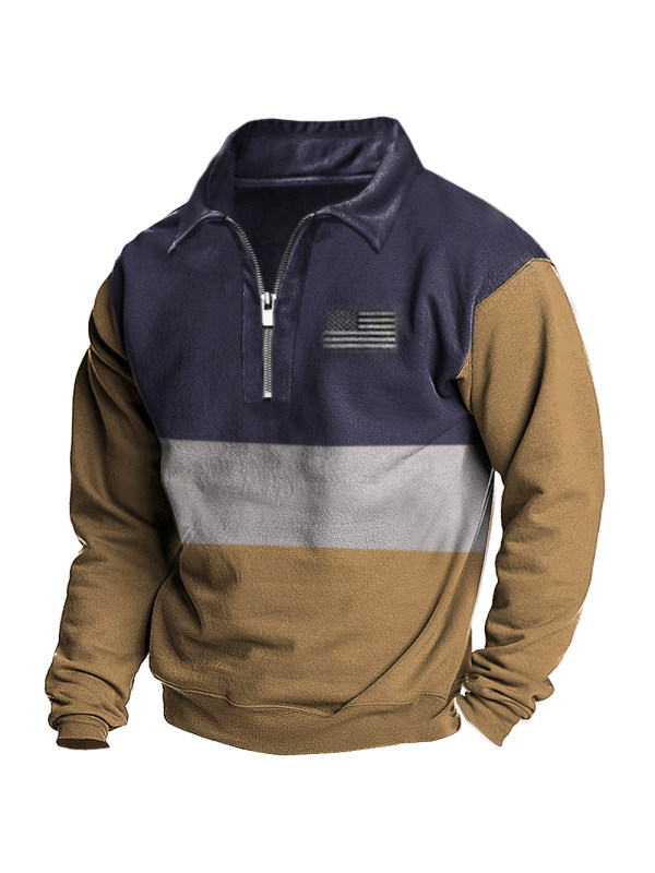 Men's Outdoor Tactical American Flag Colorblock Lapel Sweatshirt