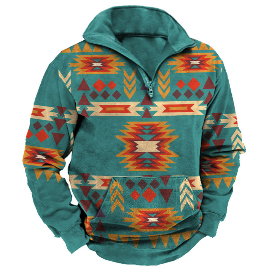 

Men's Vintage Ethnic Print Pocket Half Zip Sweatshirt