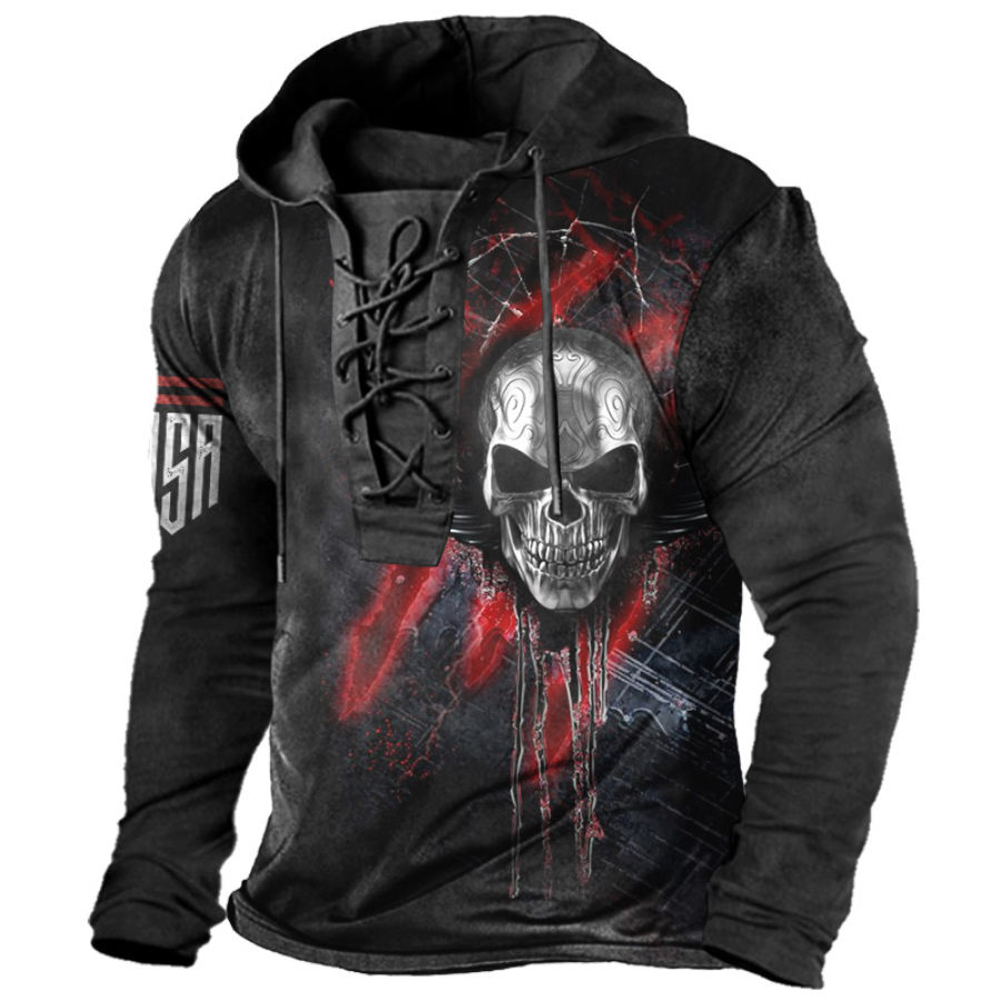 

Men's Skull Print USA Lace-Up Hoodie T-Shirt